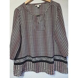 Dana Buchman Women's Blouse XL Black Red White Geometric Print 3/4 Sleeve Tunic